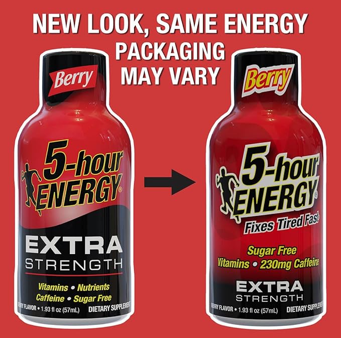 5-hour ENERGY Extra Strength Berry Energy Shot 1.93oz, 20-Pack – Sugar Free Caffeine Energy Booster with B-Vitamins & Amino Acids – Zero Calorie