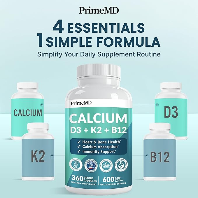 4-in-1 Calcium Supplements for Women and Men - Calcium with Vitamin D3 K2 5000 IU Supplement, 601mg per Serving - Gluten-Free, Vegan-Friendly (360 ct)
