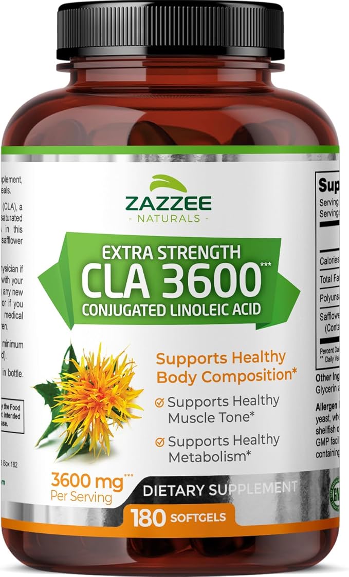 Zazzee High Potency CLA 3600, 180 Softgels, 3600 mg per Serving, Conjugated Linoleic Acid from Safflower Oil, Concentrated and Standardized, 60 Day Supply, Non-GMO and Made in The USA