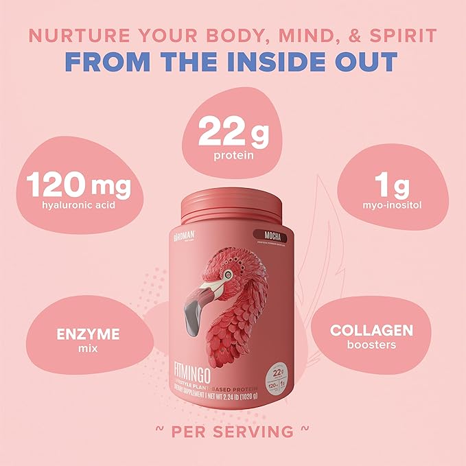 BIRDMAN Fitmingo Vegan Protein Powder with Inositol, Collagen Boosters, Hyaluronic Acid and Vitamins | Low Carb, Dairy Free, Low Calorie | 23g Plant Based Blueberry Protein Powder with Myo-Inositol