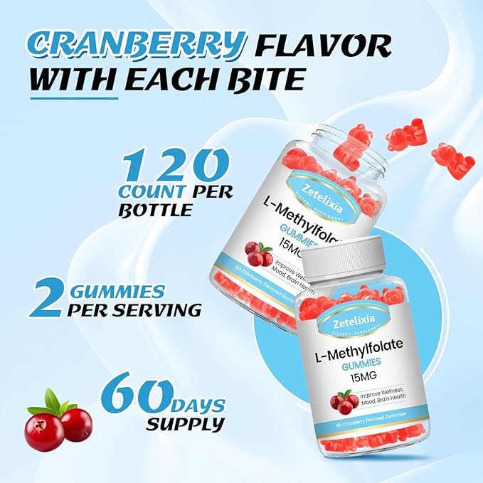 2 Pack L-Methylfolate 15mg & Methyl B12 Gummies, Folate Supplement for Brain Health, Mood & Immunity, DNA Synthesis & Repair, Sugar Free, Vegan, Cranberry Flavor, 120 Count