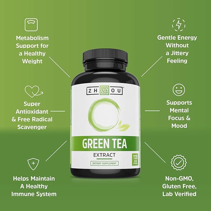 Zhou Nutrition Green Tea Extract Supplement - Green Tea & ECGC for Women & Men, Clean Caffeine Energy, Antioxidant Support, 500mg Per Serving - 120 Vegan Friendly Capsules
