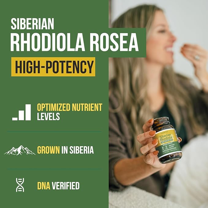 Max Strength Siberian Rhodiola®: Rhodiola Rosea 5% Rosavins, 2% Salidroside & BioPerine® for Enhanced Absorption – Helps Support Stress, Energy & Focus* – Grown in Siberia, DNA Verified (60 Capsules)