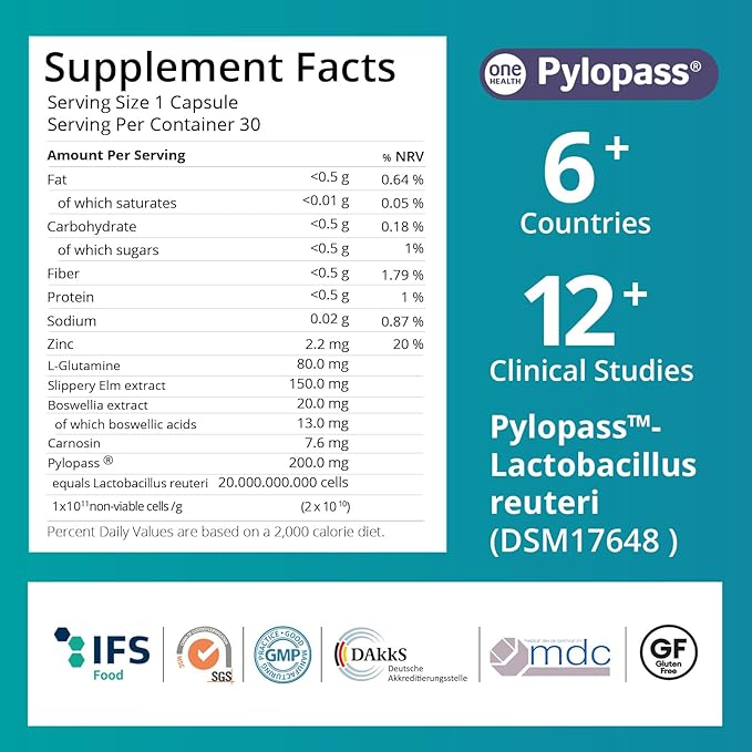 5 in 1 High Potency H. Pylori Formula Probiotics - 1 Per Day -Supports Stomach Comfort & Lining Health with Pylopass Lactobacillus Reuteri DSM17648 - Made in Germany
