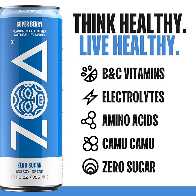 ZOA Zero Sugar Energy Drinks, Super Berry - Sugar Free with Electrolytes, Healthy Vitamin C, Amino Acids, Essential B-Vitamins, and Caffeine from Green Tea - 12 Fl Oz (12-Pack)