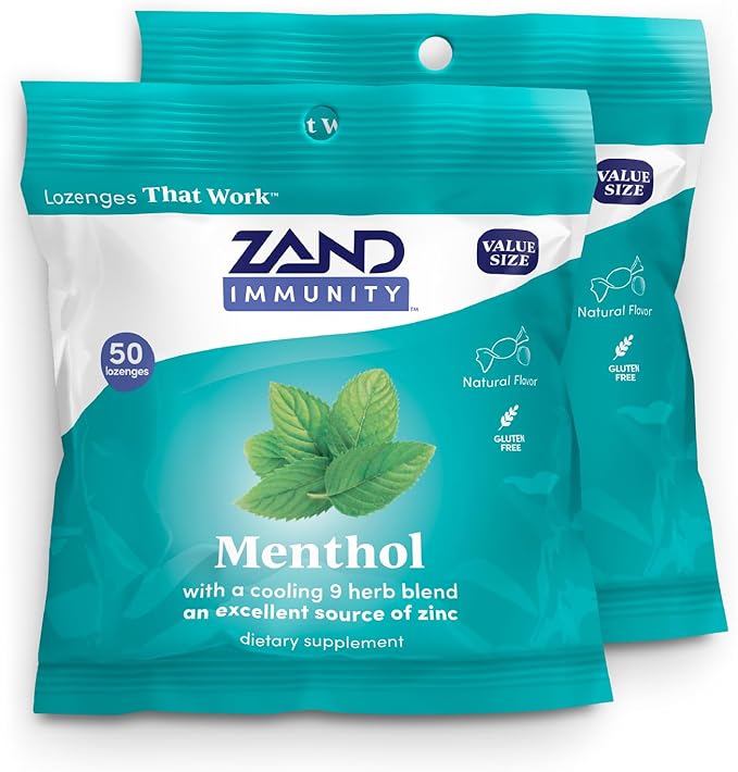 ZAND Immunity Menthol Throat Lozenges 2 Pack - Good-for-You Dry Mouth Lozenges - Immune Support Supplement w/Menthol, Zinc 5mg, Slippery Elm, Soothe a Dry Throat, Natural Flavor, Gluten Free, 50ct ea