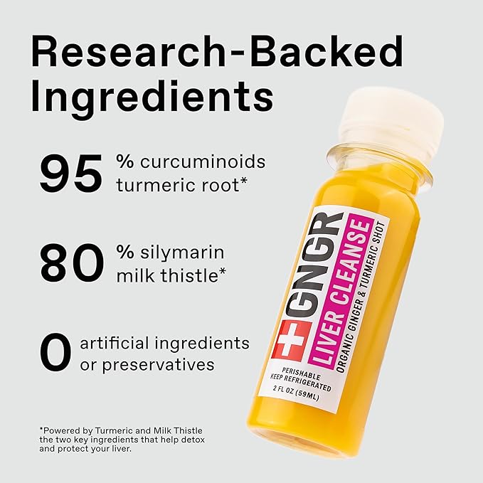 +GNGR Liver Cleanse Detox & Repair, Cold-Pressed Ginger Shot with Organic Milk Thistle Supplement, Dandelion, Turmeric, Immunity Shot for All Natural Liver Support & Digestion, 2 fl oz (Pack of 12)