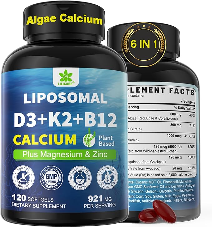 6-in-1 Plant Based Calcium Supplements for Women Men- Calcium 600mg w/ D3 K2 5000 IU Vitamin, Liposomal & Algae Ca-lcium Magnesium Zinc + Vegan Vitamin D 5000 IU + K2 MK7 + Methyl B12 for Bone, 1 Pack