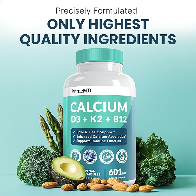 4-in-1 Calcium Supplements for Women and Men - Calcium with Vitamin D3 K2 5000 IU Supplement, 601mg per Serving for Heart, Bones & Body Defenses - Gluten-Free, Vegan-Friendly (240 ct)