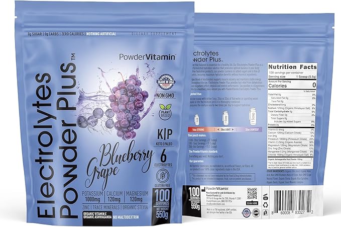 Electrolytes Powder Plus (100 Servings) Blueberry Grape Electrolyte Powder Sugar Free, Keto, 0 Sugar, No Maltodextrin, 1000mg Potassium,120mg Calcium,120mg Magnesium, Hydration