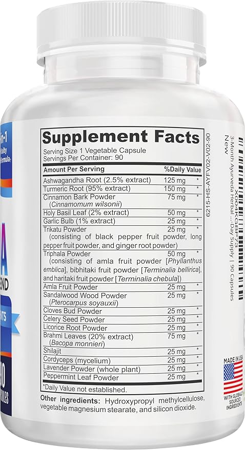 3-Month AYURVEDA Supplements (17-in-1 Blend) Premium Ayurvedic Herbs | Health & Wellness Booster Support Supplement | Strong Mind, Body & Spirit | Ayurveda Products | 90-Day Bulk Supply | 90 Capsules