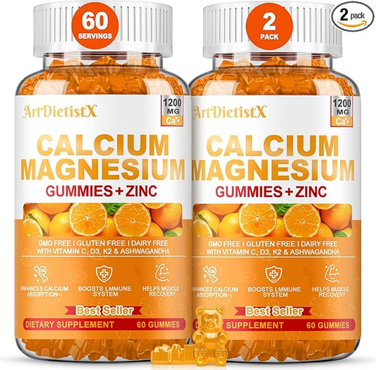 1200mg Calcium Gummies w/Vitamin D3 for Adults - High Absorption Calcium Supplement with Magnesium, K2, Copper, Boron, Zinc and Ashwagandha, Support Bone & Muscle, Sugar-Free for Women Men, 120 Count