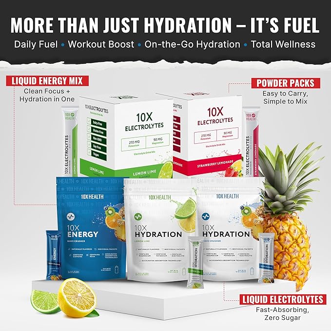 10X Health Electrolyte Drink Mix - Hydration Packets - Sodium, Magnesium, Potassium Citrate & Electrolytes Packets - Naturally Flavored, Dye-Free & Sugar-Free Hydration Packs - 15 Sticks, Lemon Lime