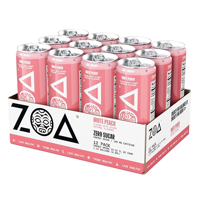 ZOA Zero Sugar Energy Drinks, White Peach - Sugar Free with Electrolytes, Healthy Vitamin C, Amino Acids, Essential B-Vitamins, and Caffeine from Green Tea - 12 Fl Oz (12-Pack)