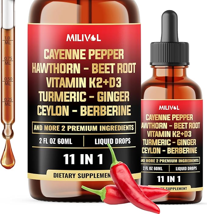 11in1 Cayenne Pepper Liquid Drops with Hawthorn Berry, Vitamin D3 K2, Beet Root, Garlic, Ginger, Ceylon Cinnamon, Turmeric, Berberine and Bitter Melon - 60 Days Supply - 2Fl Oz