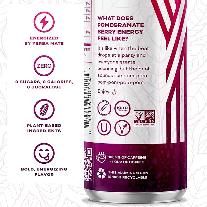 Yerbaé Energy Seltzer - Pomegranate Berry, No Sugar/Calories/Carbs. Energized by Yerba Mate, Naturally Caffeinated Plant-Based, Healthy Alternative to Coffee, Sugary Sodas, Pack of 12, 12oz cans