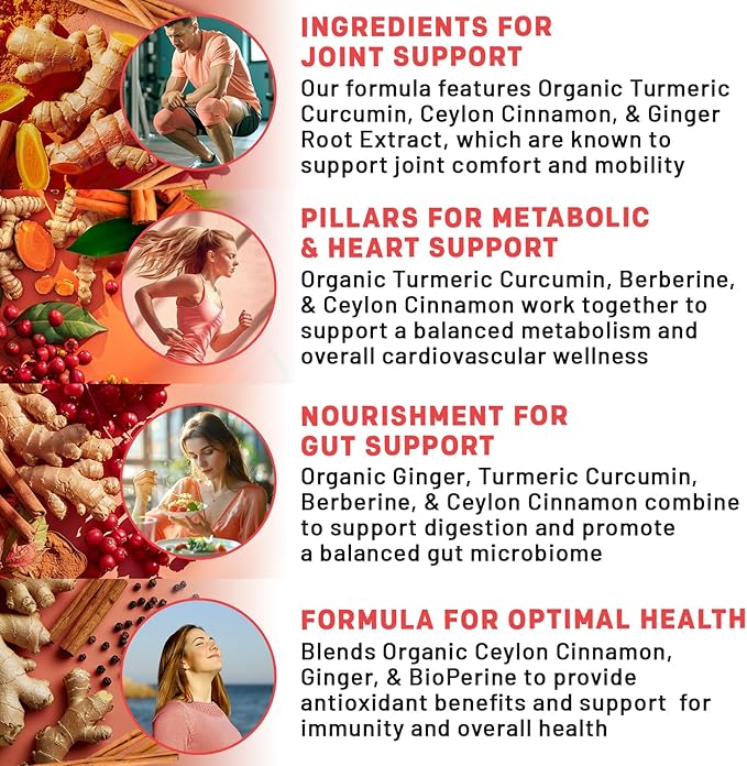 5-in-1 Organic Turmeric Curcumin Supplement (4210mg) with Berberine, Ceylon Cinnamon Bioperine and Ginger Supplements for Joint, Heart, Gut, & Metabolic Support (120 ct) (Pack of 3)