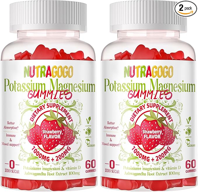 Potassium Magnesium Gummies,Potassium Supplement w/Ashwagandha,High Absorption Magnesium Glycinate,B6,D3,Potassium Citrate,Electroyte for Adults Kids,Sugar-Free, 120 Strawberry Chews