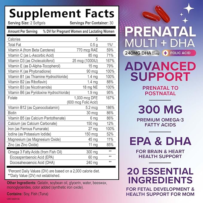 Prenatal Vitamins for Women with Folic Acid + Omega 3 DHA for Fetal Brain Development, Best Prenatal Vitamin Supplement, Daily Pregnancy Multivitamin Nutritional Support, Non-GMO - 60 Softgels