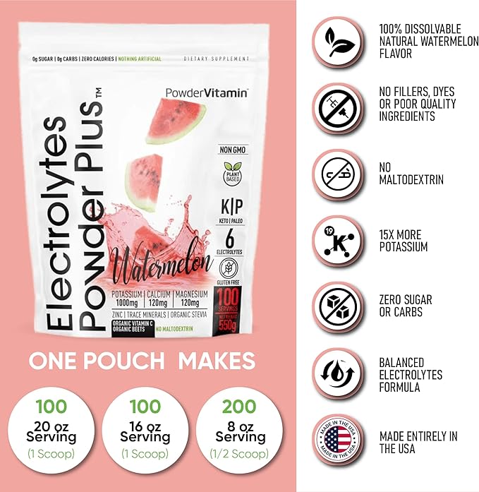 PowderVitamin Electrolytes Powder Plus (100 Servings) Watermelon Electrolyte Powder, Zero Calorie, Keto, 0 Sugar, No Maltodextrin,1000mg Potassium,120mg Calcium,120mg Magnesium, Energy Hydration Powde