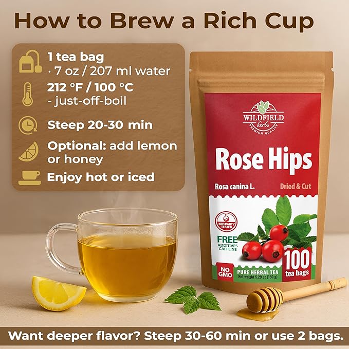 100 Bags Rosehips Tea Dried Rose Hips Crushed (Roza Cinamomea) - 100 Count 1.5 g Tea Bags Rosehip Berries