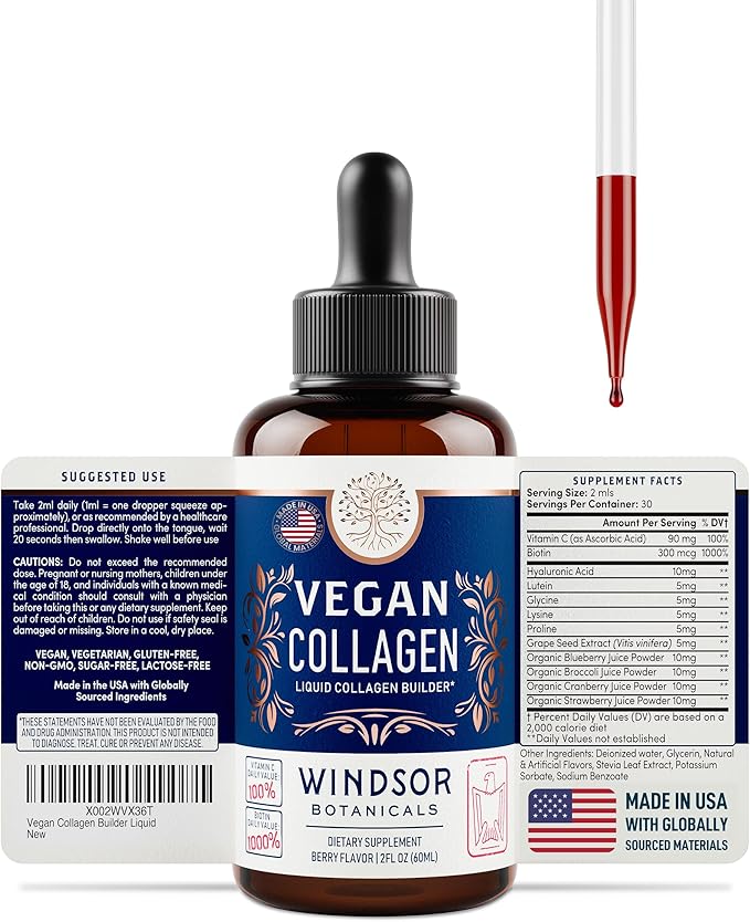Vegan Collagen Builder Liquid Supplement - Collagen Booster with Vitamin C, Biotin, Hyaluronic Acid & Amino Acids - Organic Fruit & Vegetable Blend - 60ml, 30 Day