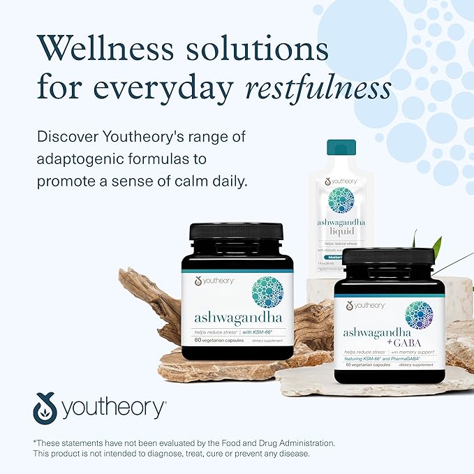 Youtheory Ashwagandha - 1,000 mg - Stress & Cortisol Support Supplement - Adaptogenic Herbal Blend with KSM-66 Ashwagandha & Ginger - 90 Vegetarian Capsules