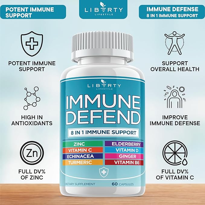 8 in 1 Immune Defense Support, Immunity Capsules Supplement with Echinacea Zinc 50mg, Vitamin C, D3 5000 IU, Turmeric Curcumin & Ginger, Echinacea - for Kids Adults (1 Pack)