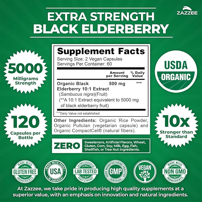Zazzee USDA Organic Black Elderberry 10:1 Extract, 5000 mg Strength, 120 Vegan Capsules, 2 Month Supply, Standardized, Concentrated 10X Extract, 100% Vegetarian, All-Natural, Non-GMO, Made in The USA