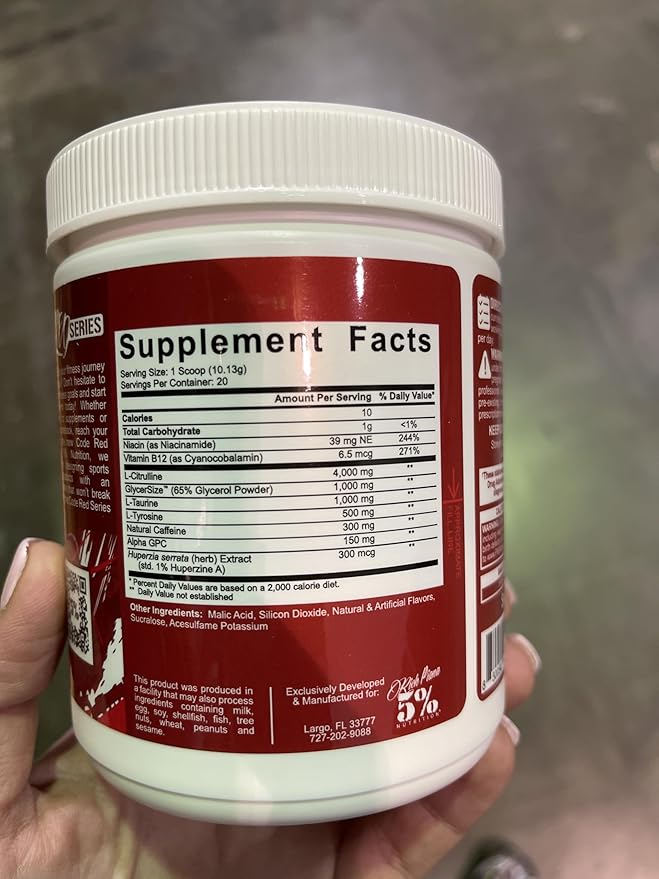 5% Nutrition Code Red Series Pre Workout Powder for Men & Women | Energy, Power, Protein Synthesis & Focus | 300mg Caffeine, L-Citrulline, Glycerol, Taurine, Alpha GPC, Huperzine (Italian Lemon Ice)