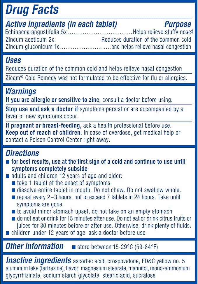 Zicam Zinc Cold Remedy RapidMelts Quick-Dissolve Tablets Lemon-Lime Flavor with Echinacea 25ct