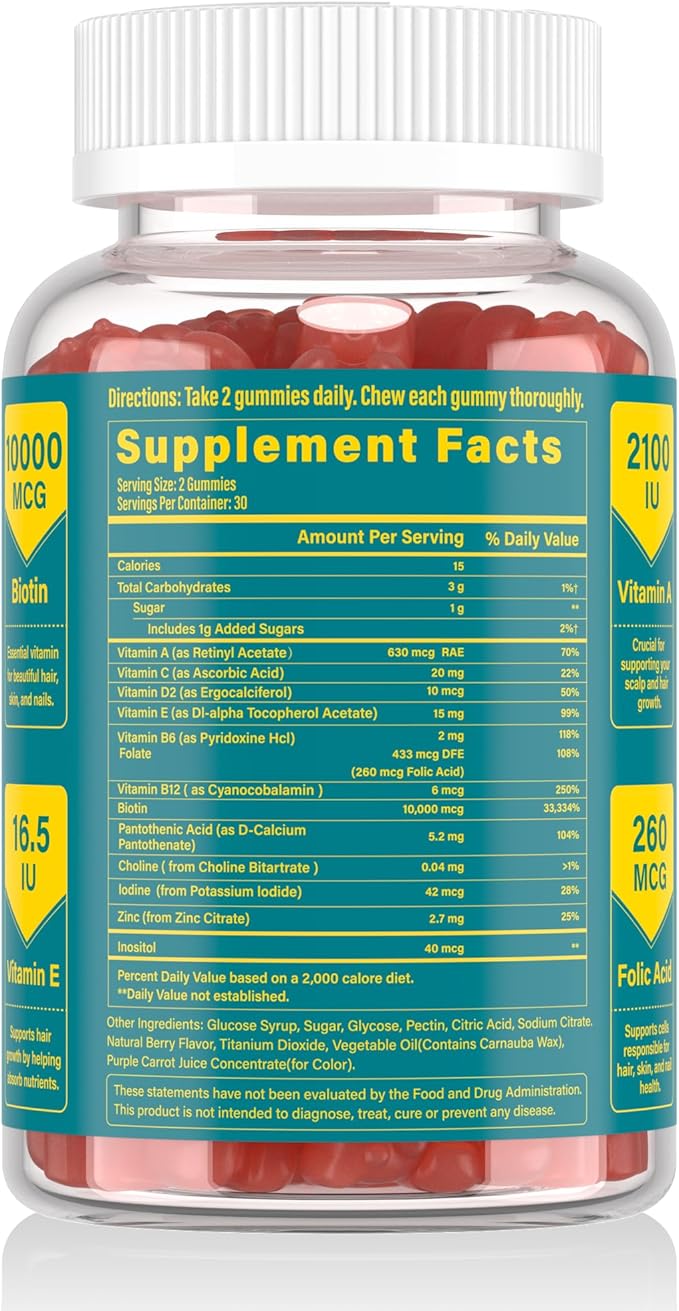 Biotin Gummies -Hair Skin and Nails Vitamins for Men & Women, Vegan Vitamin B7, Supports Hair Growth and Stronger Nails,30 Day Supply-Strawberry-60 Counts