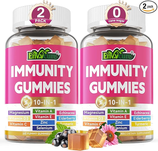 10 in 1 Immune Support Supplement Gummies, w/Echinacea, Elderberry Vitamin C and Zinc, Selenium, Vitamin D3 5000IU, Magnesium, Daily Immune Booster Multivitamin, for Antioxidant Bone Energy, 2 Pack