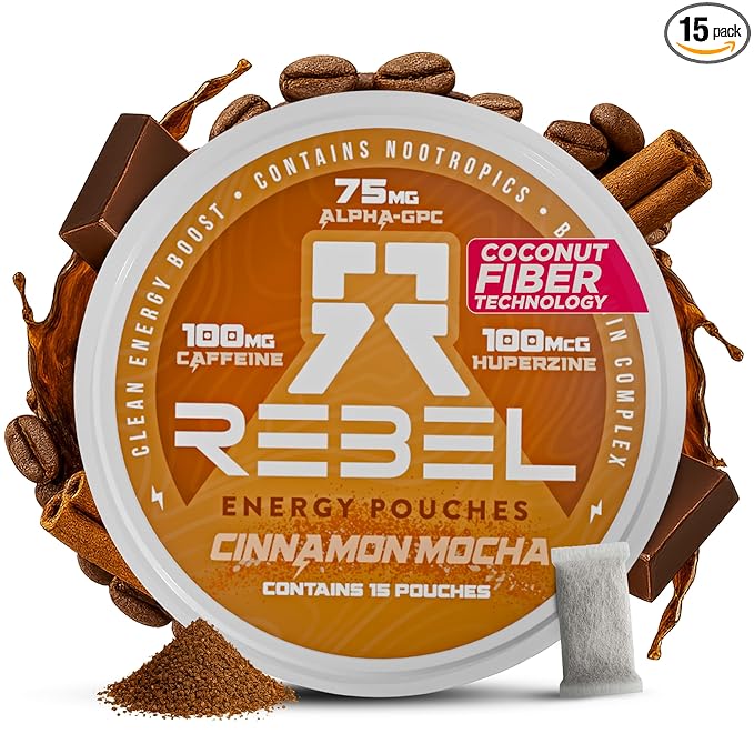 Nootropic Energy Caffeine Pouches (Cinnamon Mocha) • 100mg Caffeine • Alpha GPC • Huperzine A & Essential Vitamins • Sugar-Free • Coconut Fiber Technology • 15 Pouches Per Can (Pack of 1)
