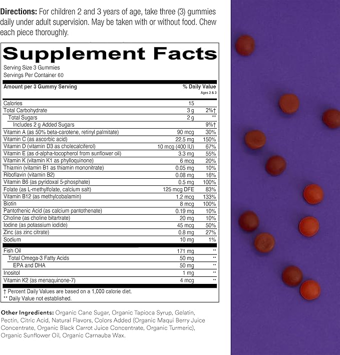 SmartyPants Toddler Multivitamin Gummies: Omega 3 Fish Oil (EPA/DHA), Vitamin D3, C, Vitamin B12, B6, A, K & Zinc, Biotin, Beta Carotene, Gluten Free, Three Fruit Flavors, 180 Count (60 Day Supply)