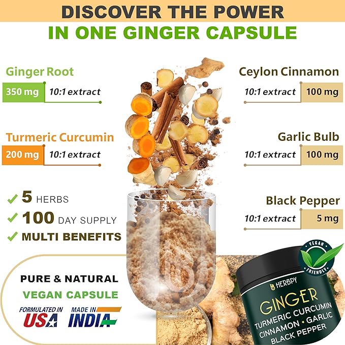 5in1 Ginger and Turmeric Supplements with Ceylon Cinnamon, Garlic - Digestion, Immune, Brain & Heart Health Support - 100 Vegan Capsules