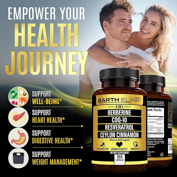 4-in-1 Berberine Supplement 1160mg (180 Caps) w/ 180mg COQ10, 380mg Resveratrol & 120mg of Ceylon Cinnamon –3rd Party Tested– Berberine w/Ceylon Cinnamon Supplements –Max Purity– CO Q 10