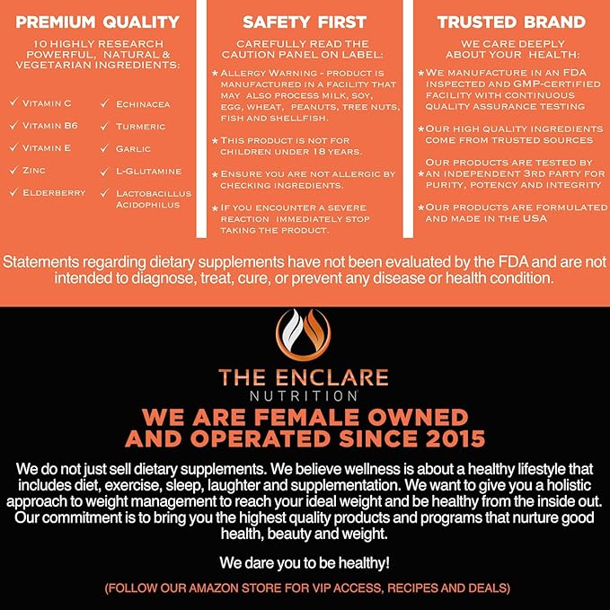 THE ENCLARE NUTRITION Immune Support Vitamins with Vitamin C, Elderberry, Zinc, Echinacea, Turmeric Curcumin, Garlic. 10in1 Immunity Defense Supplement Booster for Adults. Veg Capsules 60ct (3)