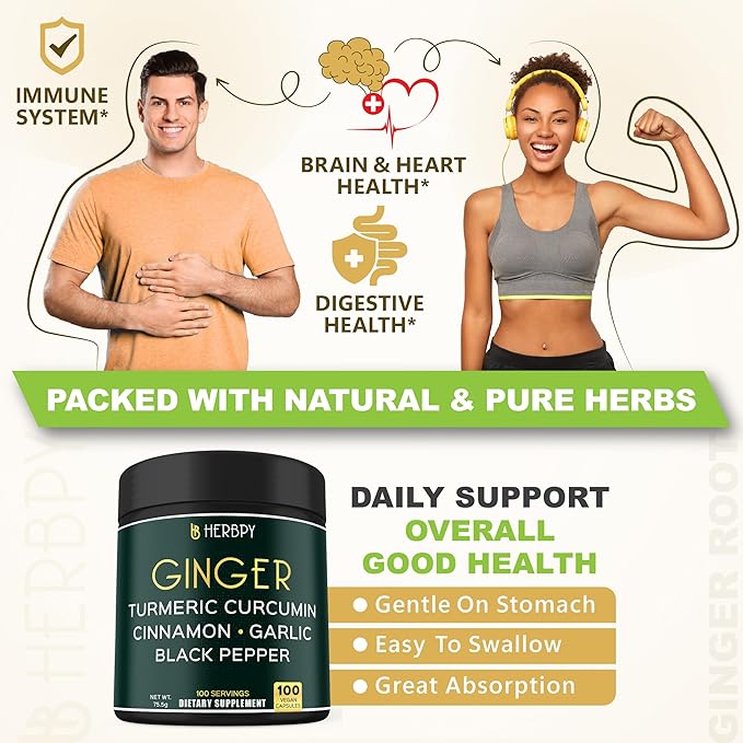 5in1 Ginger and Turmeric Supplements with Ceylon Cinnamon, Garlic - Digestion, Immune, Brain & Heart Health Support - 100 Vegan Capsules