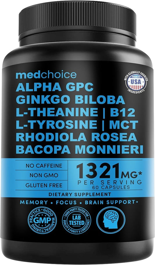 12-in-1 Nootropic Ginkgo Biloba for Brain Support, Memory and Focus - B12, Alpha GPC, L Theanine and Choline Supplements with Bioperine Non Caffeinated 1321mg (60ct)