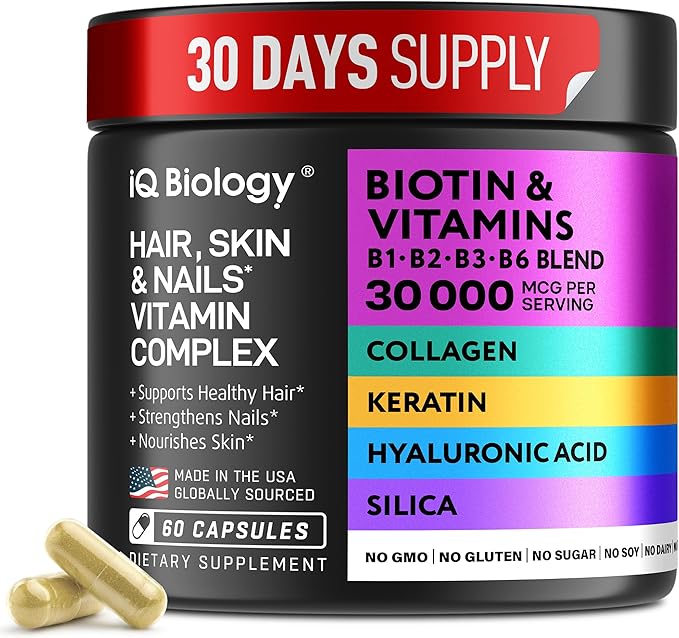 Biotin for Hair Growth Women & Men with Keratin, Collagen Complex 30000 mcg - Capsules for Hair Loss & Stronger Thickness - Skin & Nails Vitamins, Biotin 10000mcg and Collagen Supplements - 60 Pills