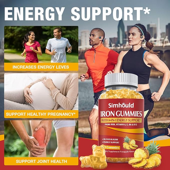 2 Pack Vegan 80MG Iron Supplement Gummies for Women & Men - Vitamin A, C, B for Adults & Kids - Blood & Builder & Energy Support for Iron Deficiency, Anemia, 120 Counts Pineapple Flavor Gummies