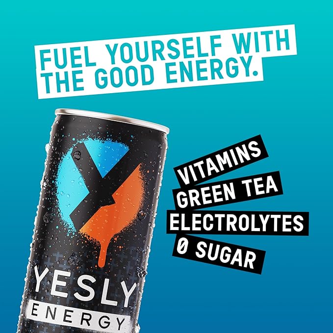 Yesly Energy Drink, Variety Pack, Naturally Flavored Sparkling Energy Drink With Electrolytes, Magnesium, Potassium, Vitamin C, B6 & B12, Natural Caffeine From Green Tea, 12 Fl Oz Cans, 12 Pack