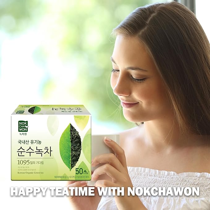 [Nokchawon] Organic Pure Green Tea 50 Tea Bags - Specially Roasted Korean Organic Green Tea, Delicate Flavor & Aroma