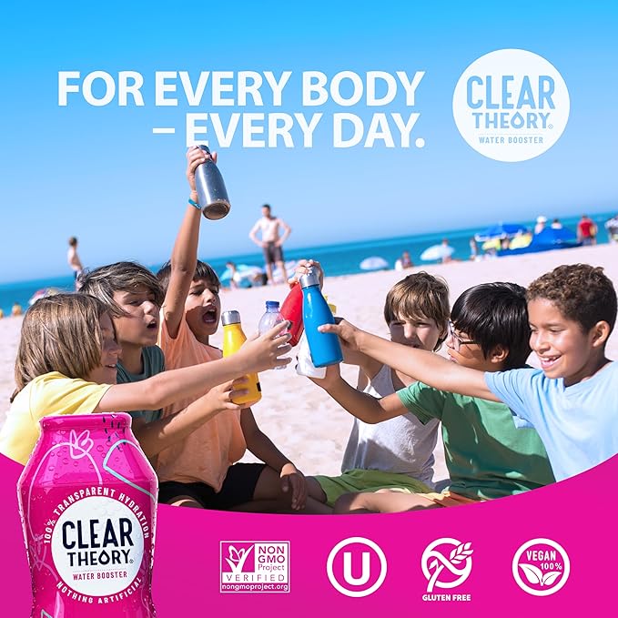 Clear Theory Water Flavoring Drops with Electrolytes, Water Enhancer Liquid Flavored Water Drink Mix, Hydration for Kids, Vegan, Gluten Free, Low Calorie, Watermelon Berry, 4 Pack, 1.62 Fl Oz Bottles