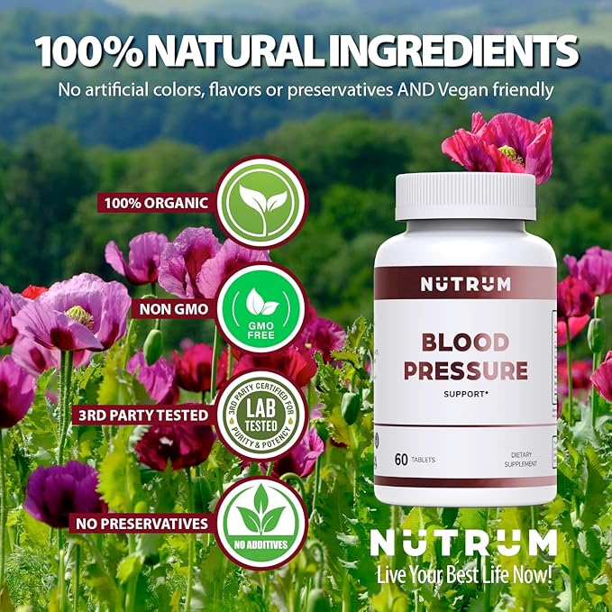 Blood Pressure Support, Vegan Dietary Supplement for Normal Heart and Circulatory Health, Natural Herbal Wellness Formula with Olive Leaf, Grape Seed, and Garlic Bulb Extract, 60 Tablets