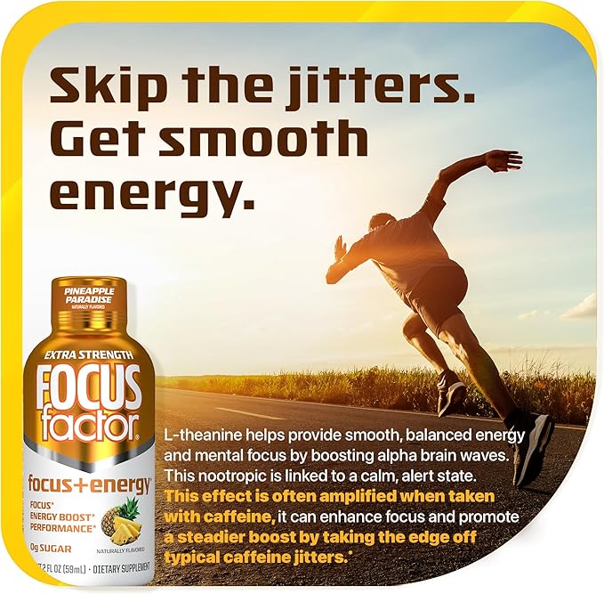 Focus Factor Extra Strength Focus + Energy Shots - 12 x 2oz Bottles (Pineapple Paradise Flavor) - Powered by Nootropics with Caffeine, L-Theanine, Ginkgo, Bacopa, L-Tyrosine, Alpha GPC