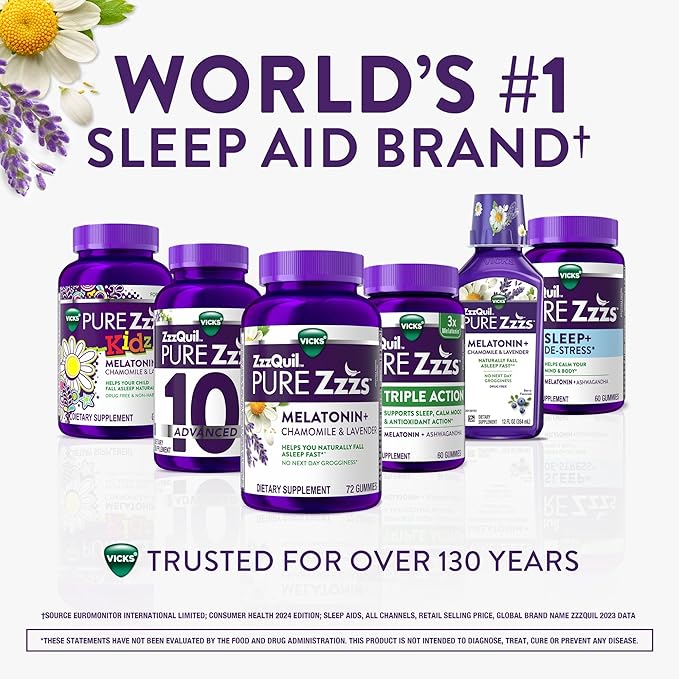 ZzzQuil Pure Zzzs Melatonin Gummies, Melatonin 5mg, Sleep Aid, with Chamomile & Lavender, Melatonin Sleep Gummies, Sleep Aids for Adults, Berry Flavored, 60 Sleep Gummies