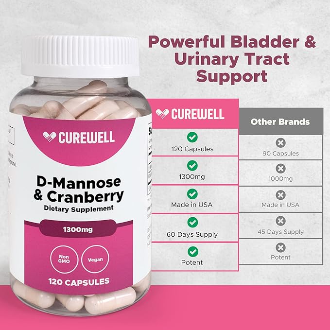 D-Mannose & Cranberry 1300mg (120 Capsules) | Vegan & Non-GMO Urinary Tract Health Supplement | UTI Defense & Bladder Support for Women & Men | Natural Urinary Cleanse & Immune Support