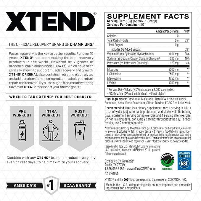 Xtend XTEND Original BCAA Powder 7g BCAA and 2.5g L-Glutamine, Sugar Free Post Workout Muscle Recovery Drink with Amino Acids for Men & Women, 90 Servings